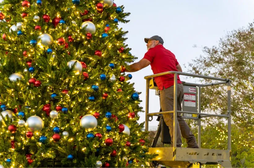 A decorator on a lift hanging baubles on a large tree