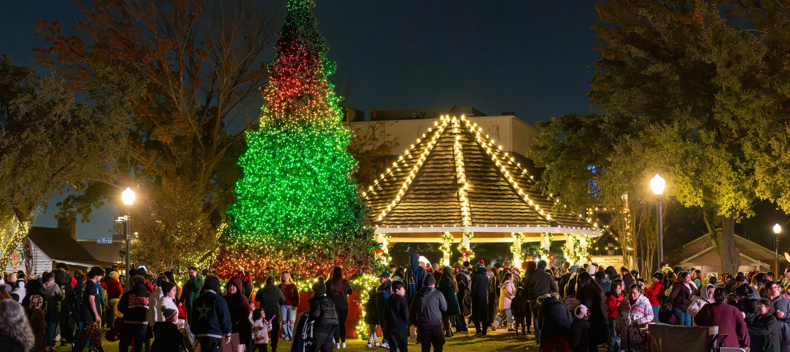 A crowd around a lit community tree and pavilion at a town holiday event
