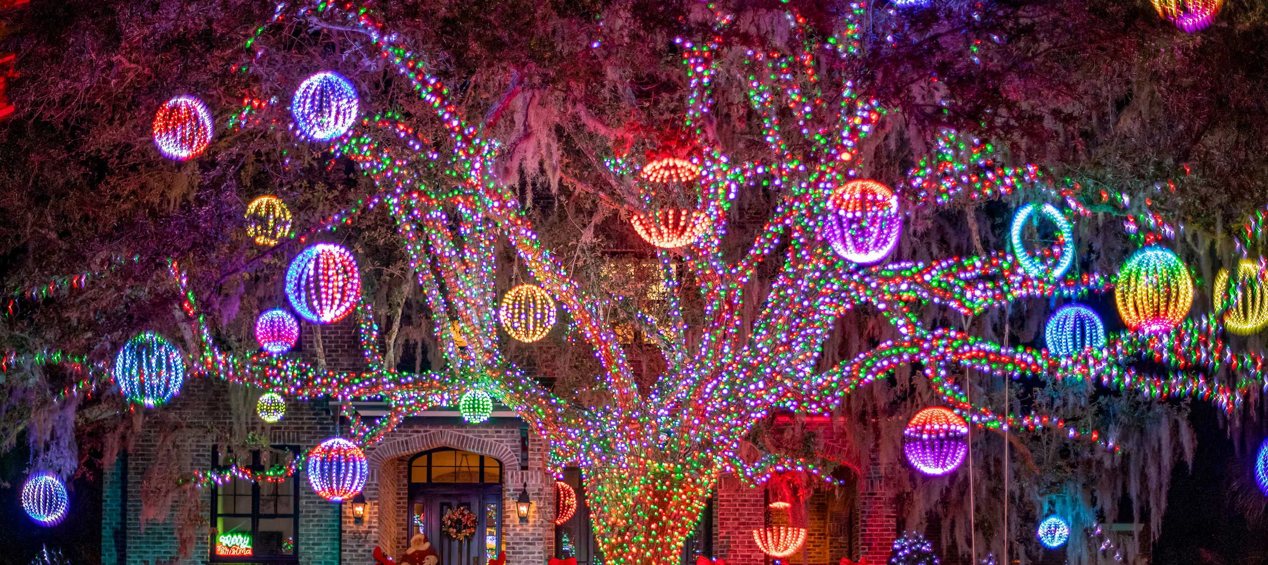 Live oaks wrapped in colored lights and hung with glowing ornament spheres