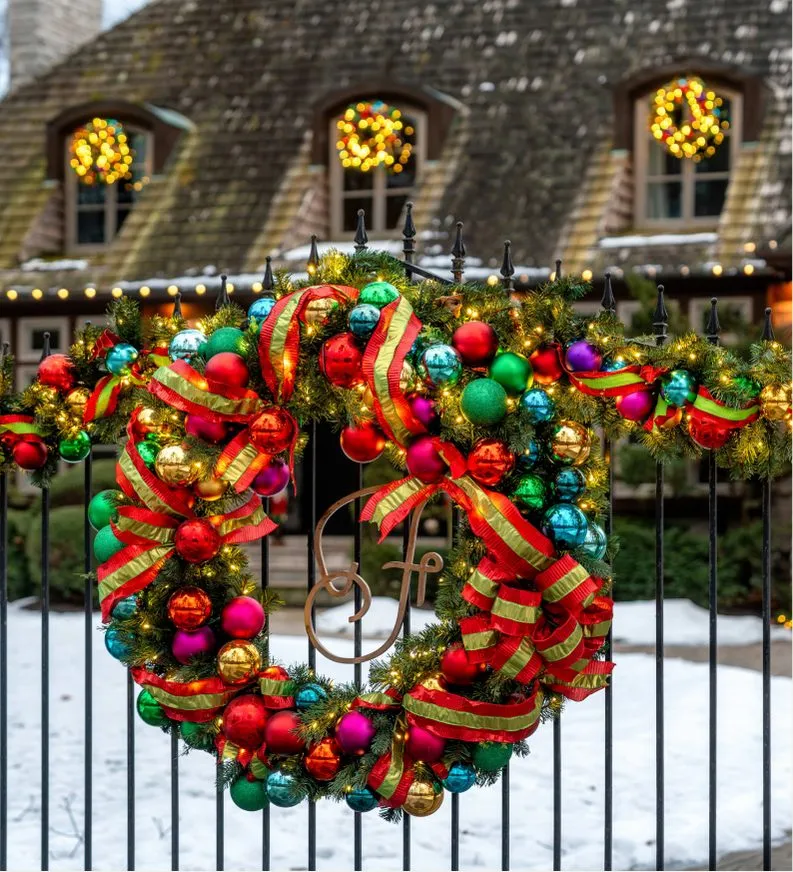 A ribboned wreath on an iron fence in snow