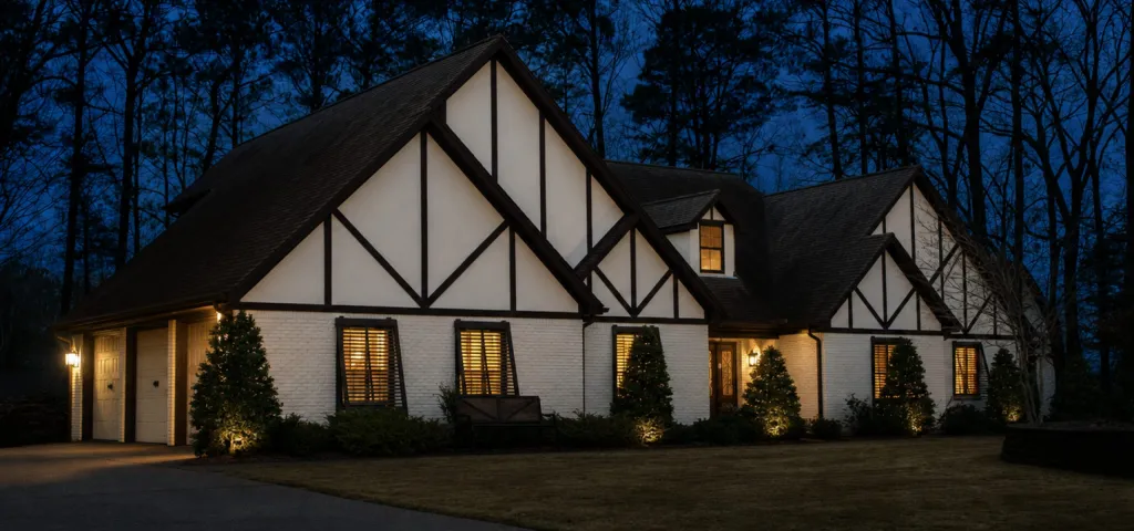 A Tudor facade before holiday light installation