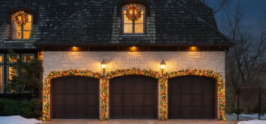 The same entrance framed in lit garland