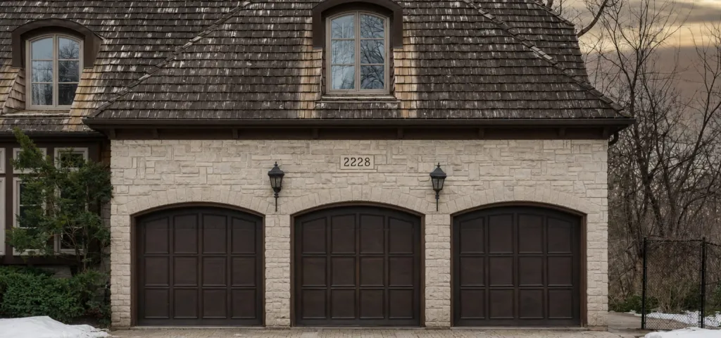 A home entrance and garage doors before holiday light installation