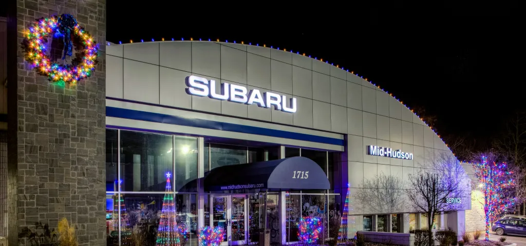 The same showroom in colour-changing holiday lighting