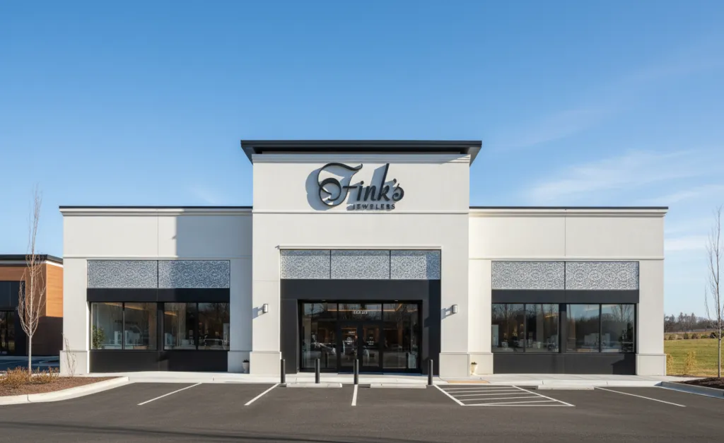 A retail facade before holiday light installation