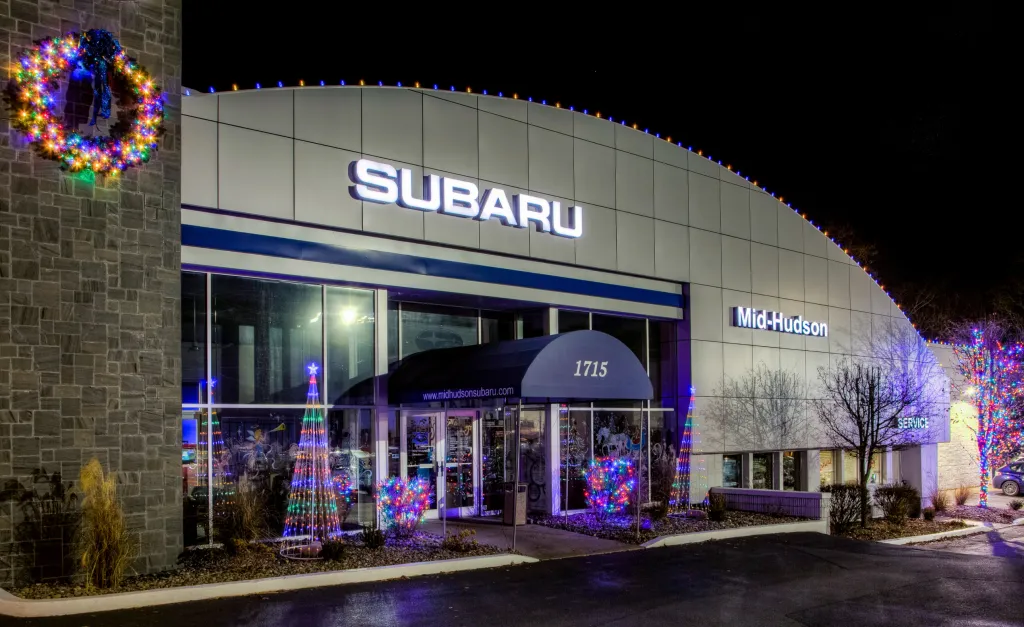 The same dealership under a holiday display