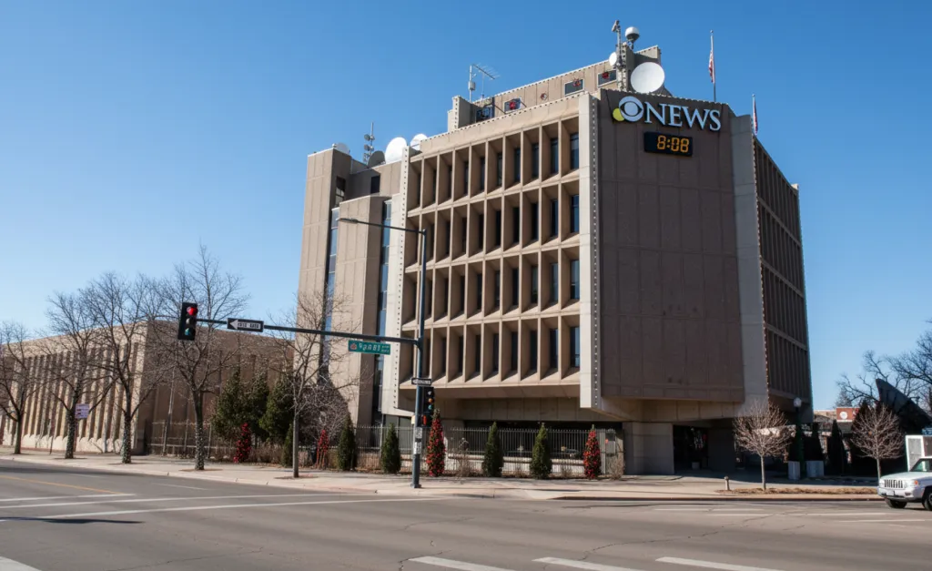 A broadcast headquarters facade before holiday light installation