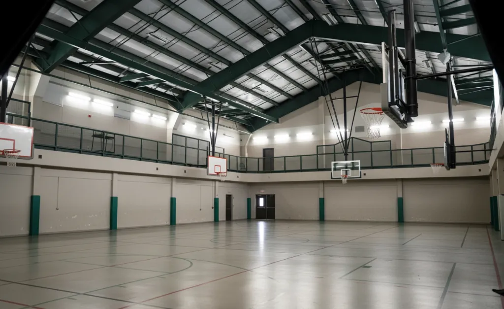 An indoor event venue before lighting was installed