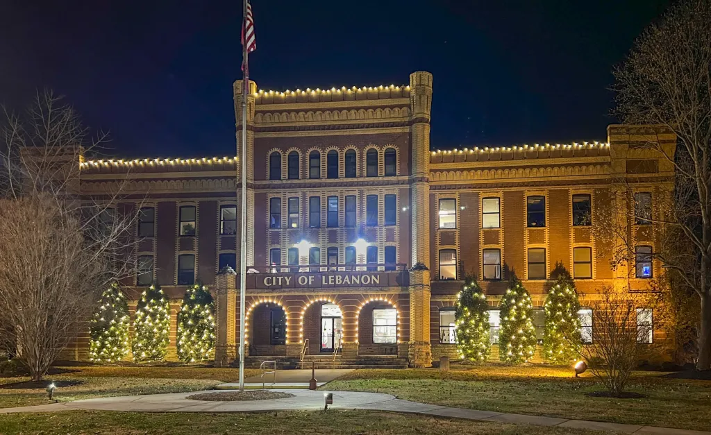 The same city hall under a holiday display