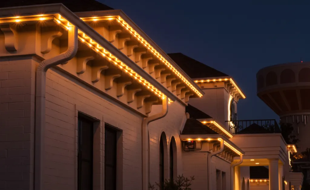 The same home in permanent roofline lighting