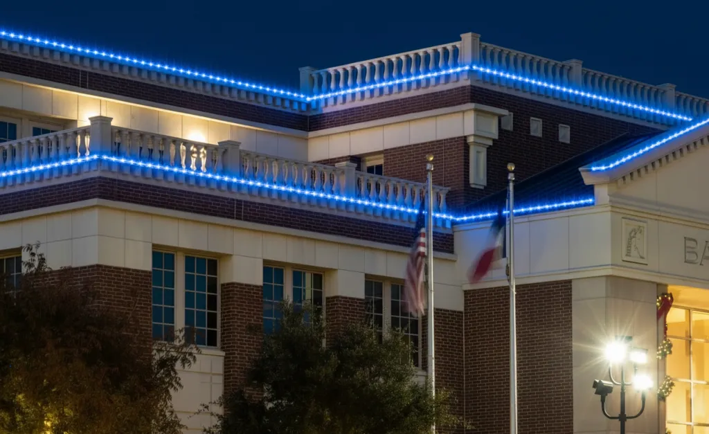 The same building in permanent roofline lighting