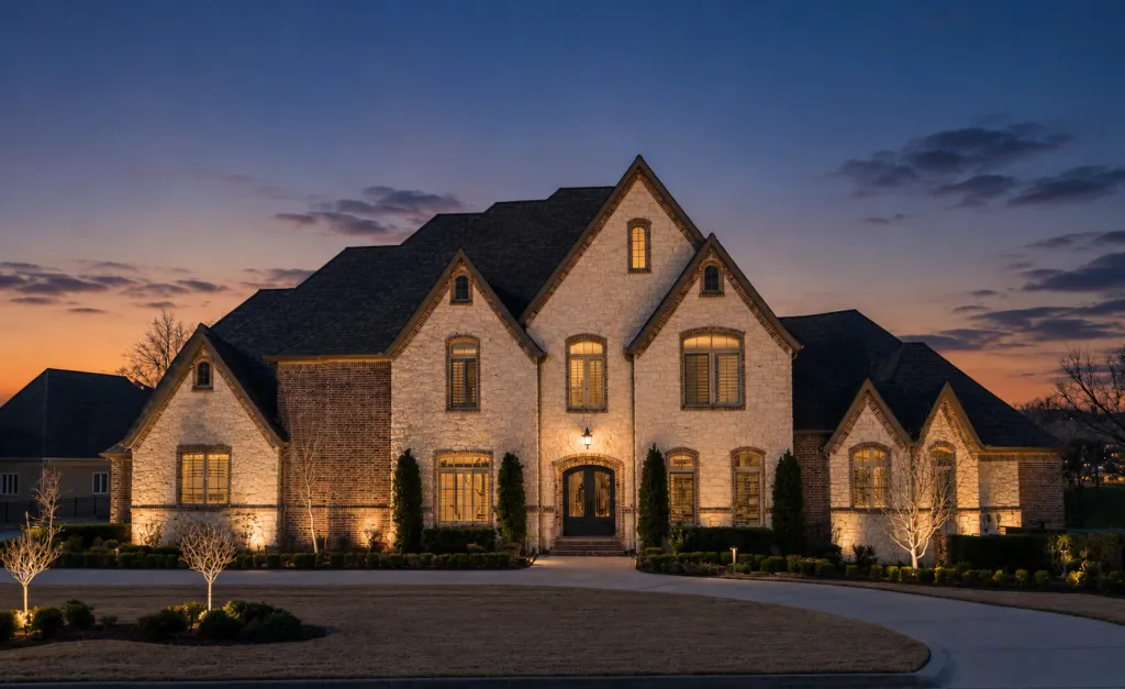 A stone manor before holiday light installation