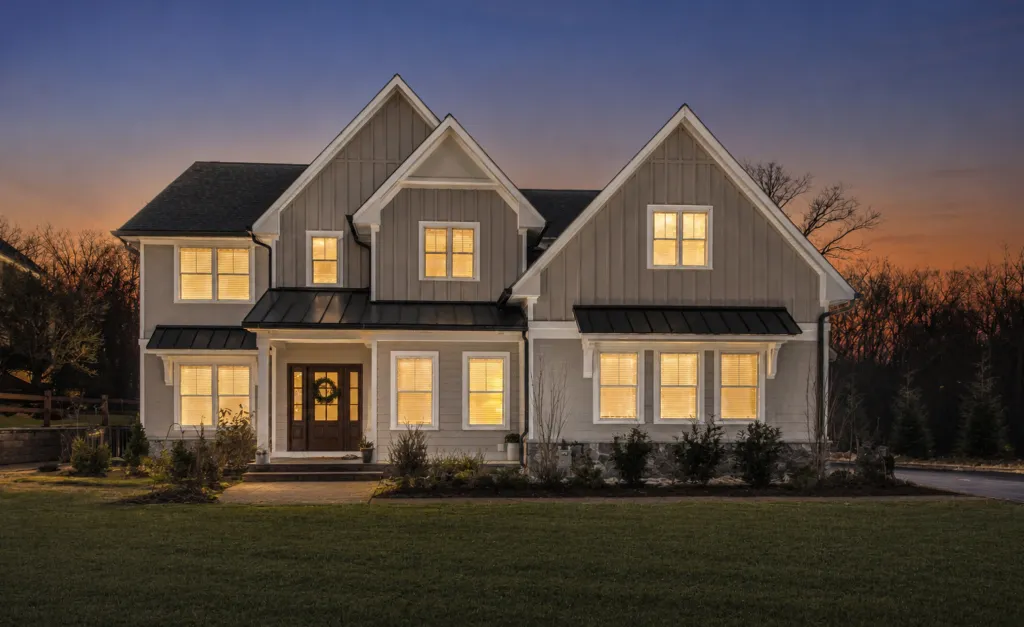A farmhouse before holiday light installation