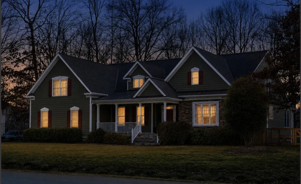 A porch and roofline before holiday light installation