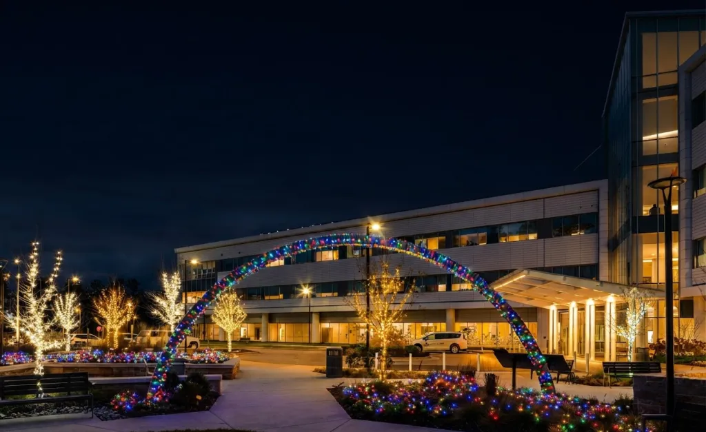 The same campus under a specialty holiday display