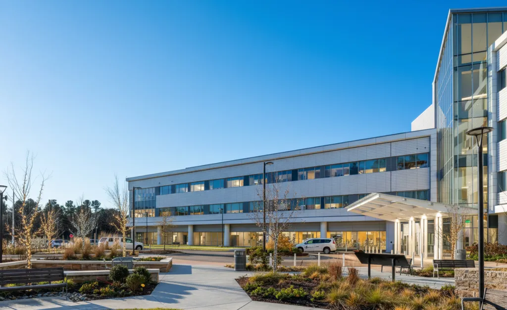 A corporate campus before specialty lighting