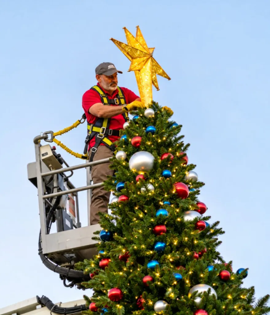 A decorator setting up a Christmas tree