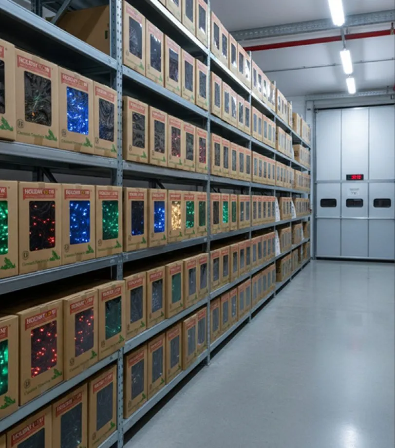 Boxed light sets shelved in a climate-controlled warehouse